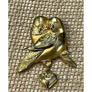 Vintage CAJC Gold Tone Love Bird Brooch Pin & Heart 2” Collectible Bird Lovers